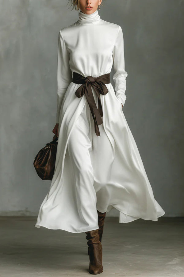 Anna-Berg | Stylish Color-Blocked Belted High-Neck Long-Sleeved Dress