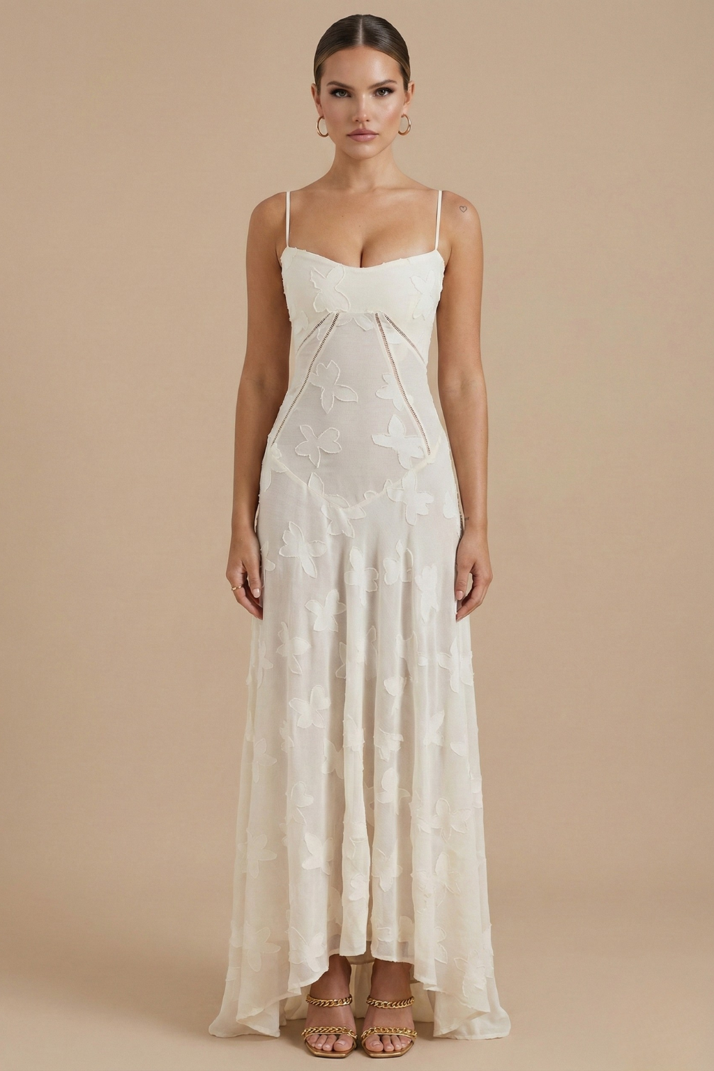 Anna-Berg | Elegant Floral Maxi Dress - Spaghetti Strap Sweetheart Neck Lace Overlay
