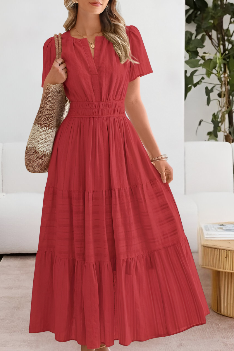 Anna-Berg | Boho Short Sleeve Smocked Midi Dress with Graceful Drape