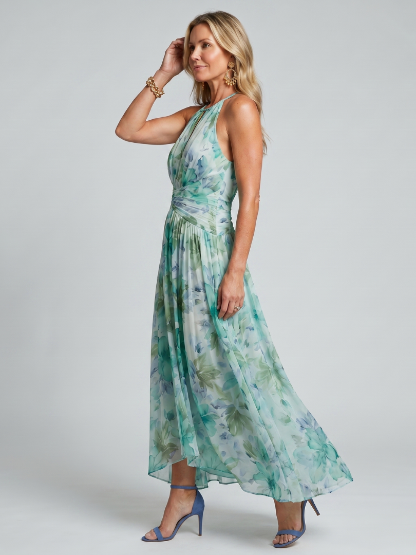Anna-Berg | Graceful Pleated Halter Soft Floral Pattern Midi Dress