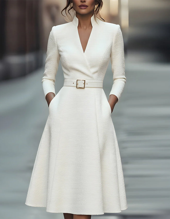 Anna-Berg | Gold V-Neck A-Line Three-Quarter Sleeve Dress