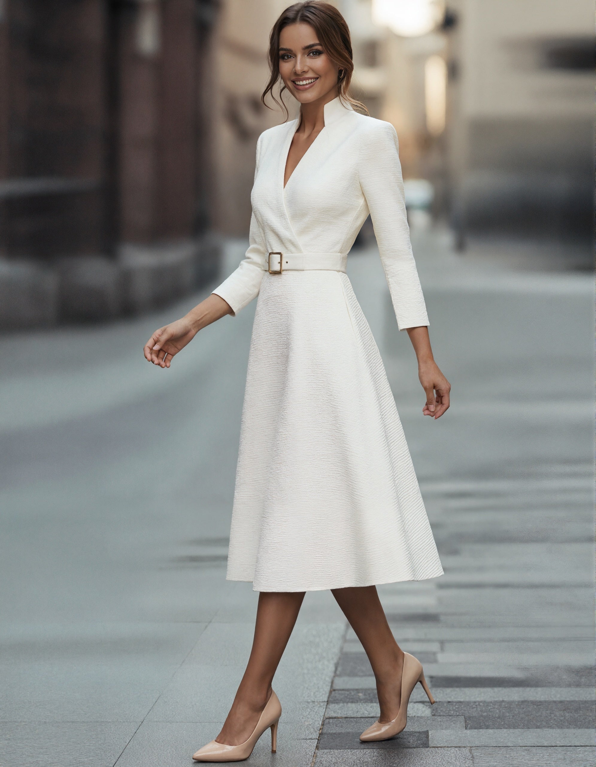 Anna-Berg | Gold V-Neck A-Line Three-Quarter Sleeve Dress