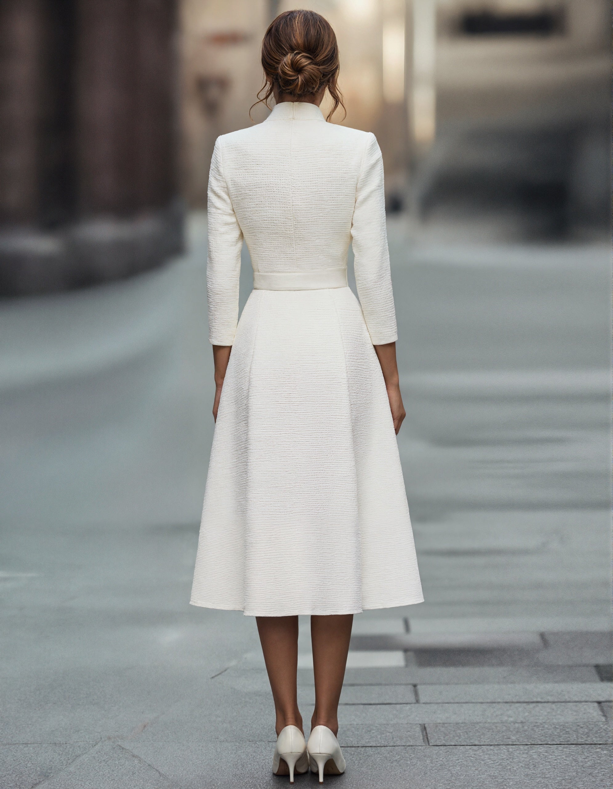 Anna-Berg | Gold V-Neck A-Line Three-Quarter Sleeve Dress