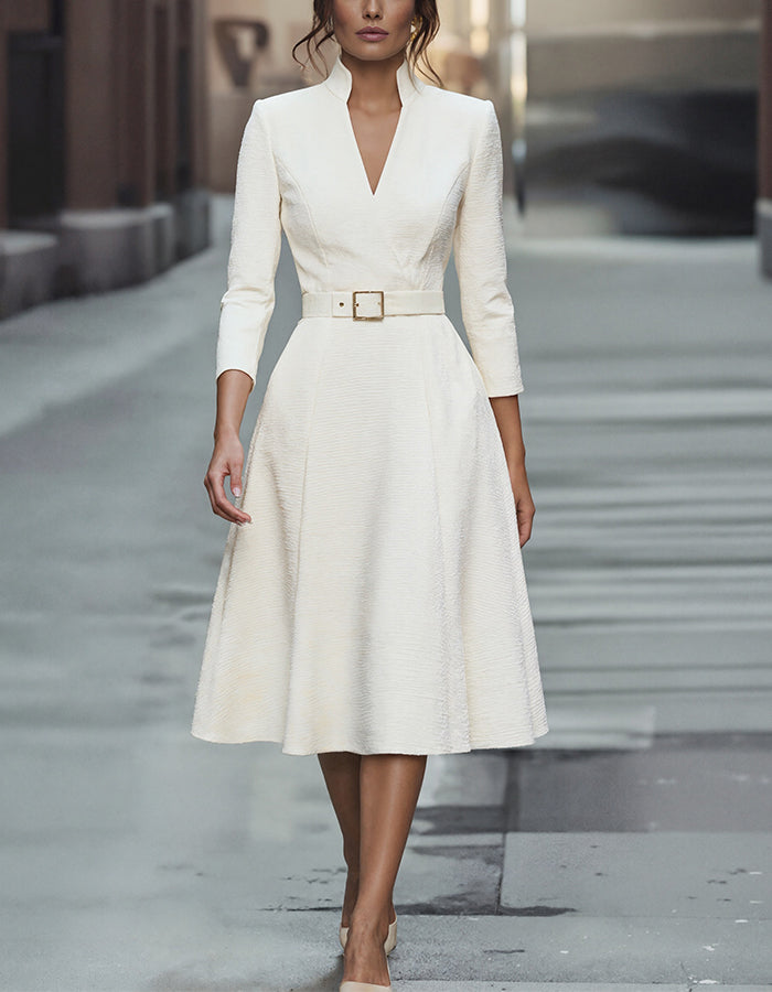 Anna-Berg | Gold V-Neck A-Line Three-Quarter Sleeve Dress