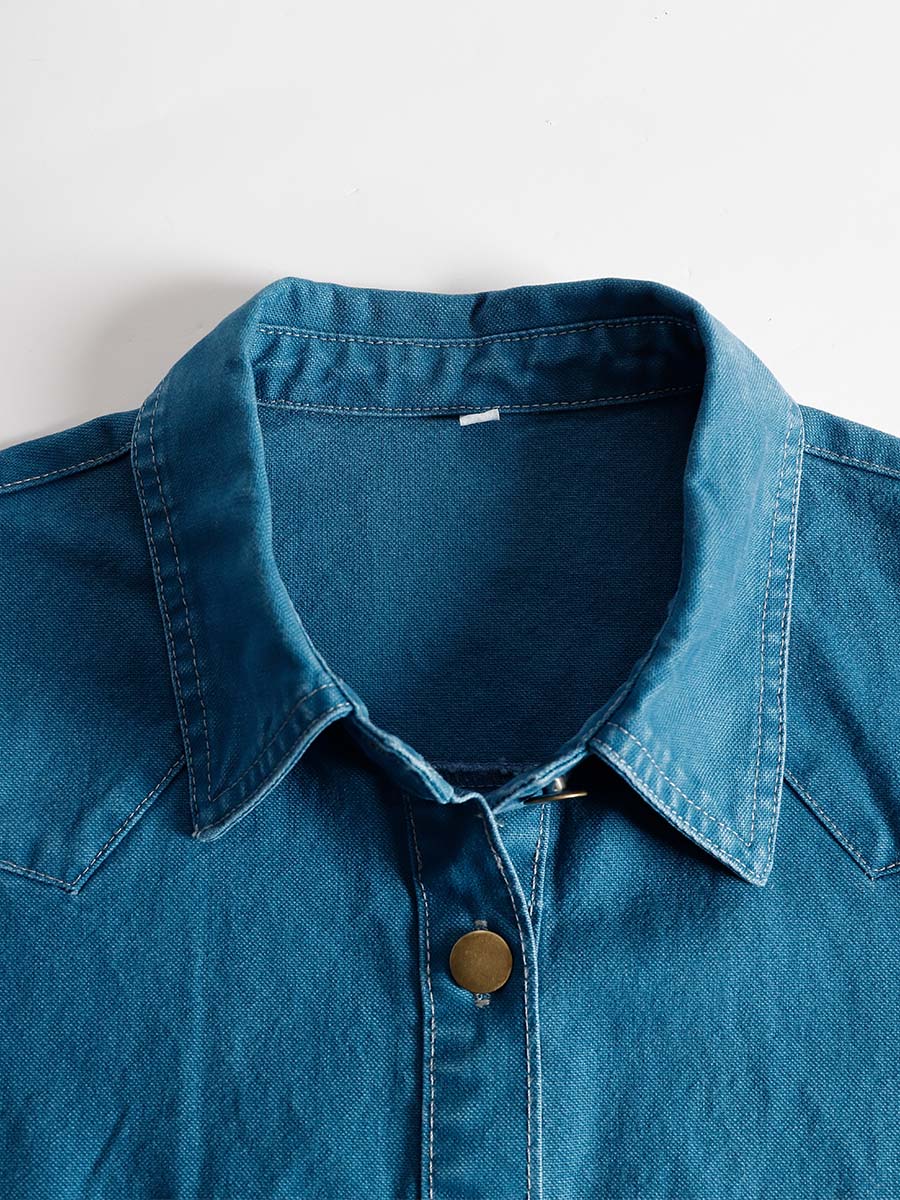 Anna-Berg | V-Neck Short-Sleeved Organza Blue Denim Dress