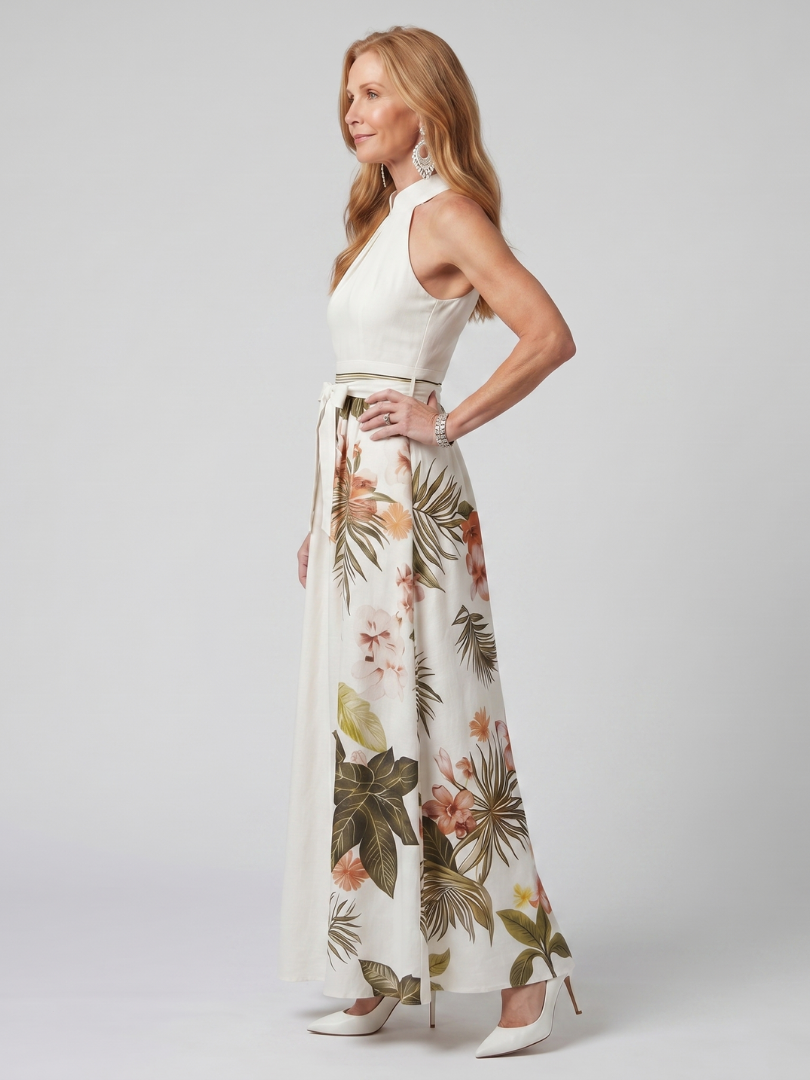 Anna-Berg | Elegant Draped Halter Botanical Panel Maxi Dress