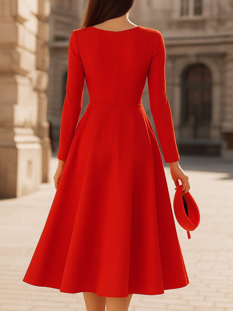 Anna-Berg | Elegant Red V - Neck Midi Fit - And - Flare Dress