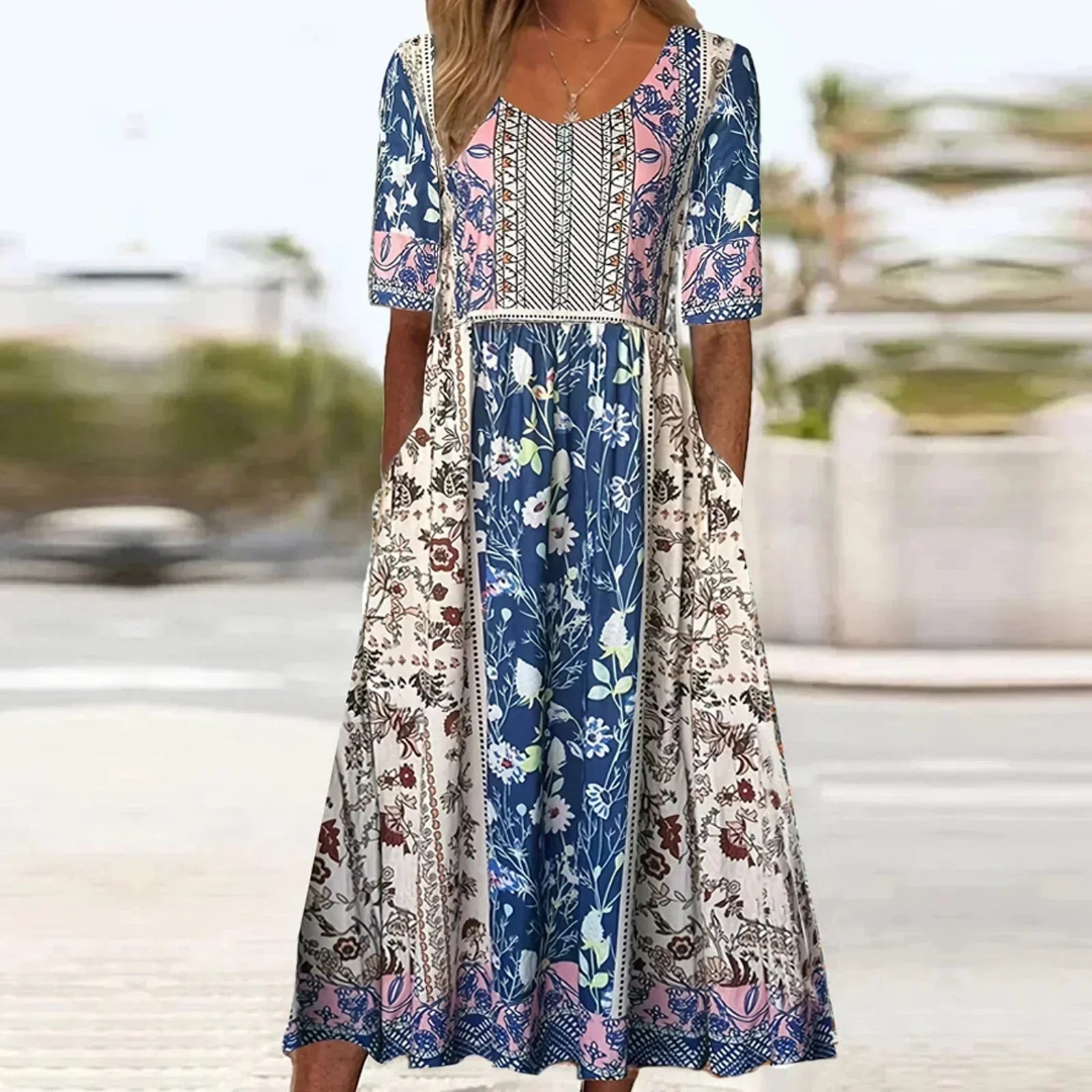 Anna-Berg | Boho Printed Square Neck Short Sleeve Midi Dress