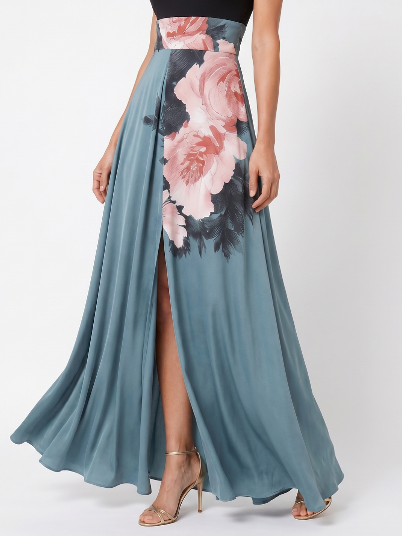 Anna-Berg | Feminine Halter Bodice Floral Skirt Maxi Dress
