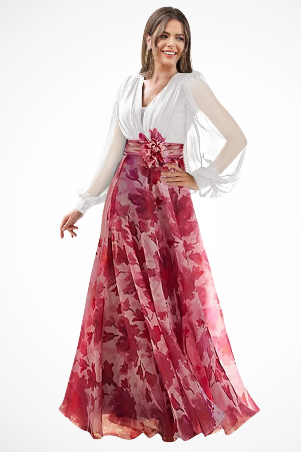 Anna-Berg | V Neck Balloon Sleeve Floral Dress