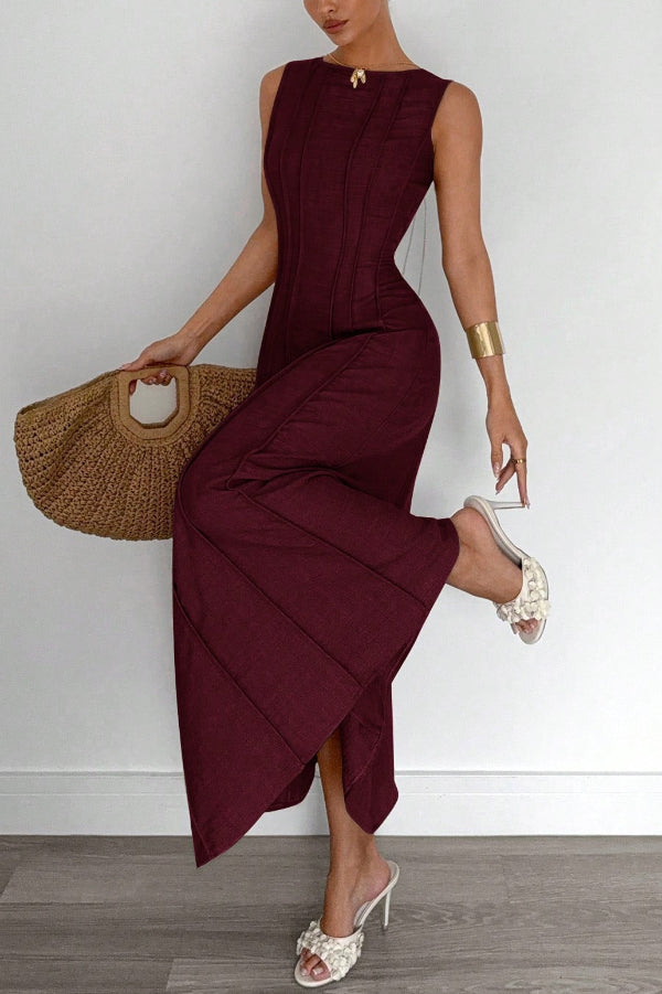 Anna-Berg | Solid Color Round Neck Sleeveless Dress