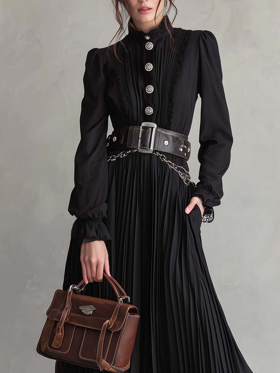 Anna-Berg | Vintage Button Lace Hem Pleated Dress
