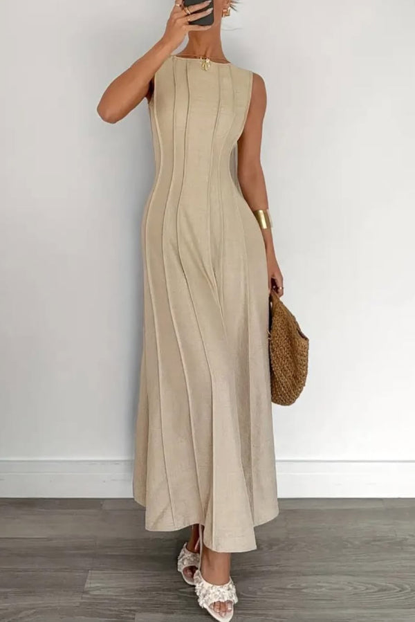 Anna-Berg | Solid Color Round Neck Sleeveless Dress