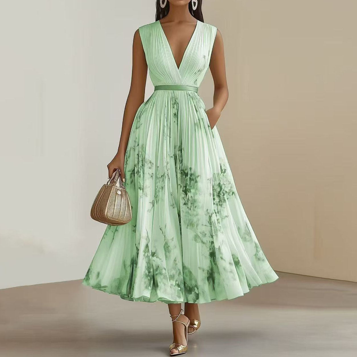 Anna-Berg | Printed V-Neck Sleeveless Fashion Pleated Dress