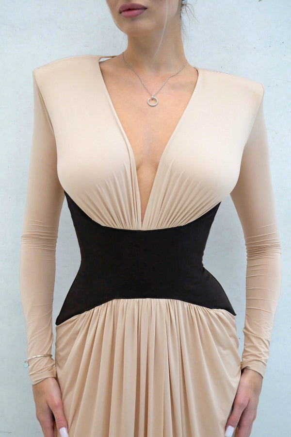 Anna-Berg | Stylish Color-Blocked V-Neck Long-Sleeved Elegant Dress