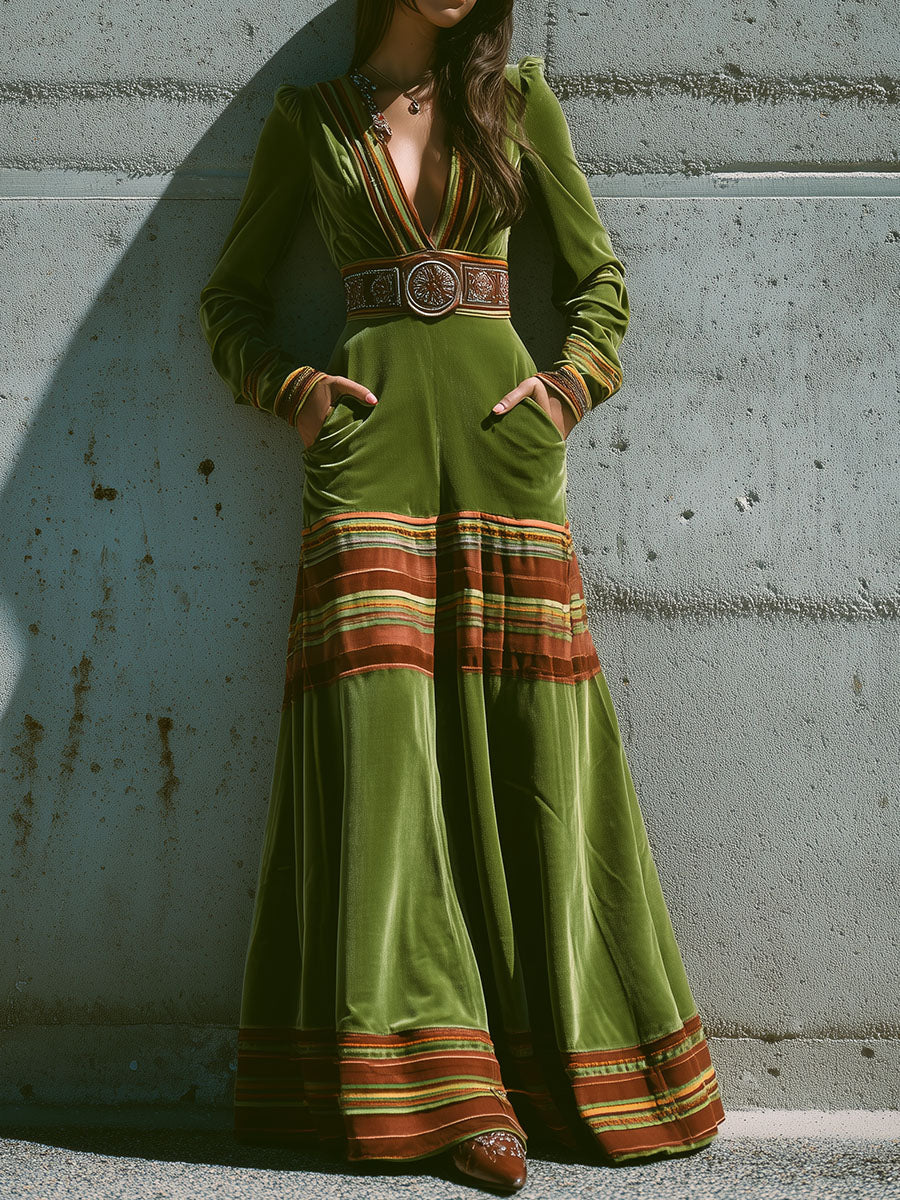 Anna-Berg | Boho Olive Green Velvet Striped Dress