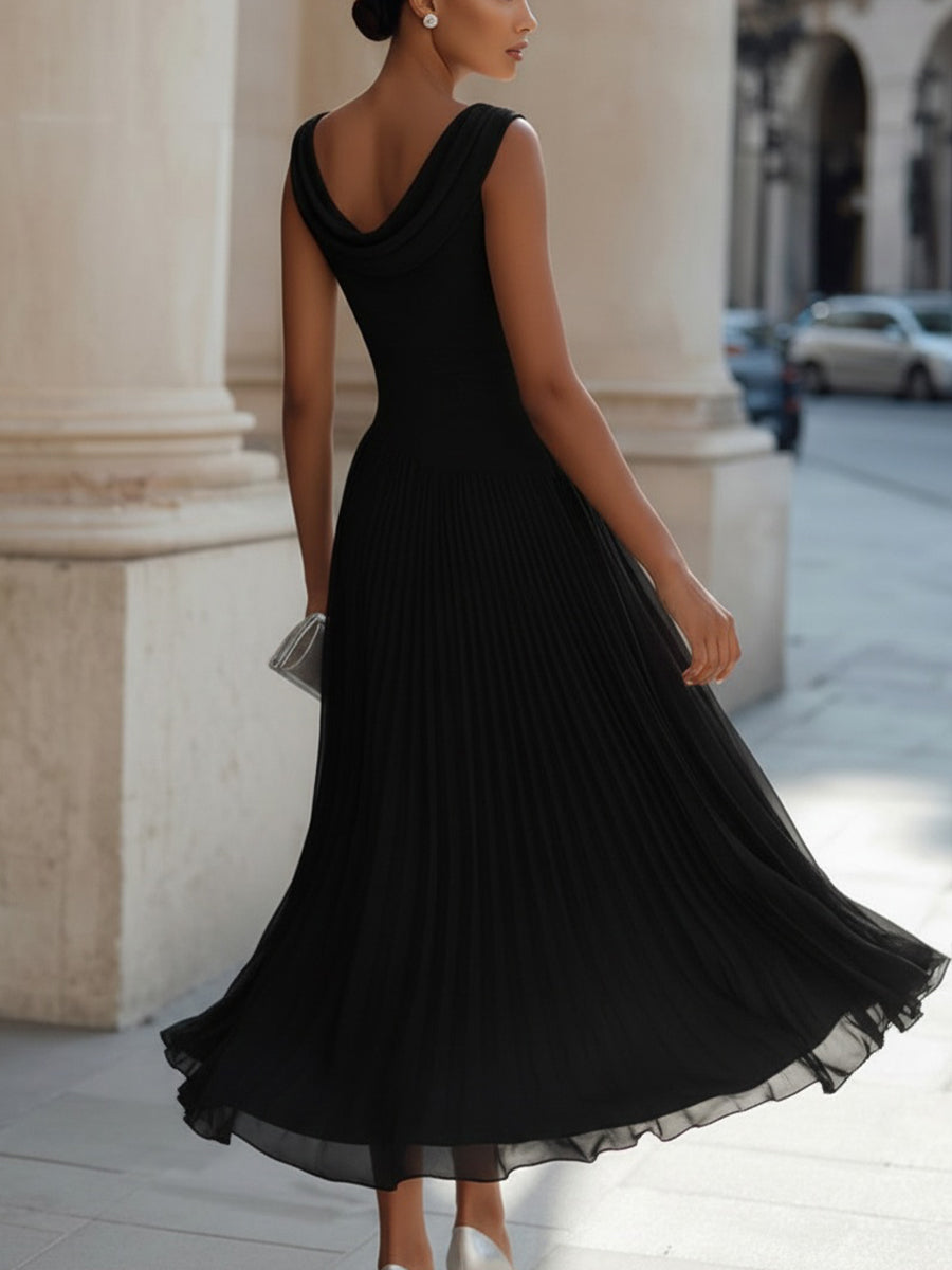Anna-Berg | Draped Neck Sleeveless Pleated Dress