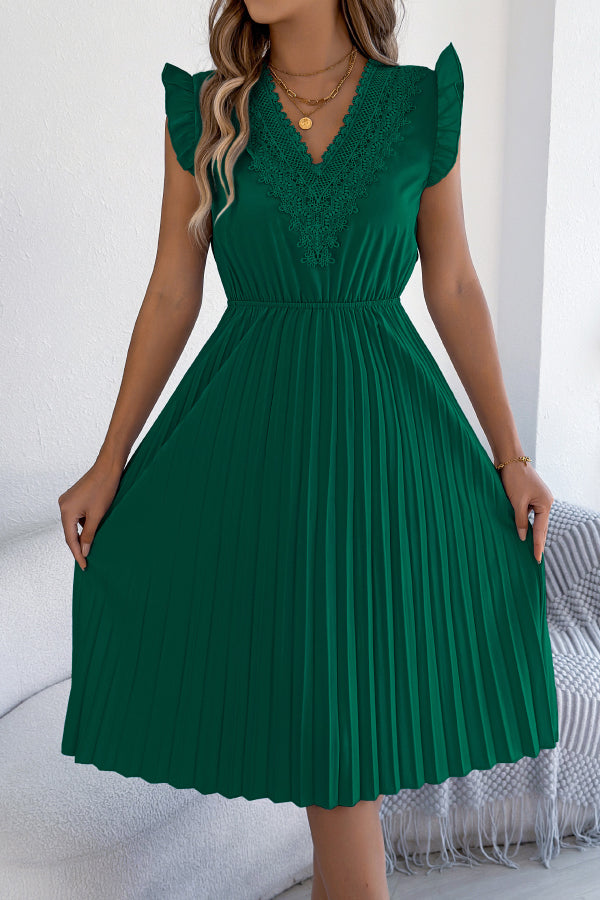 Anna-Berg | Solid Color V-Neck Lace-Trimmed Sleeveless Dress