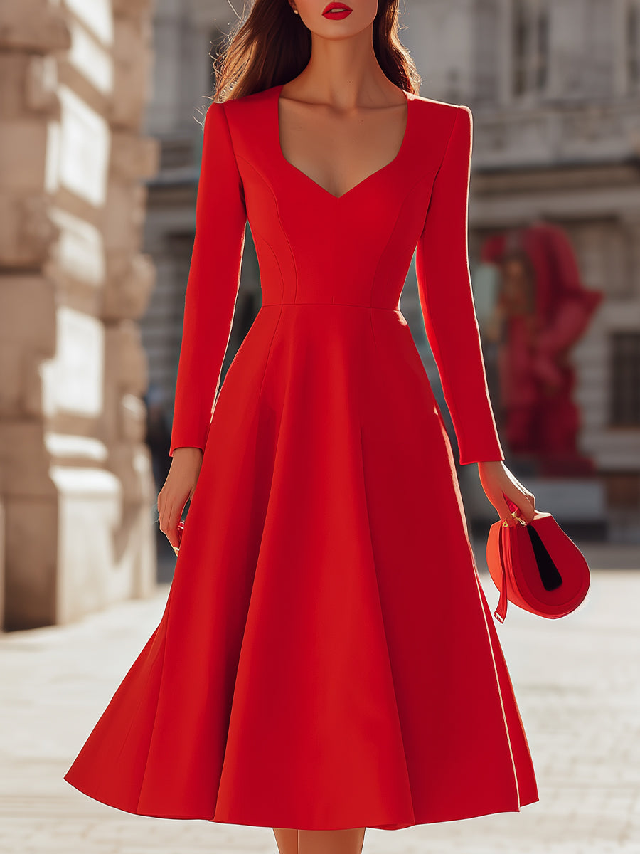 Anna-Berg | Elegant Red V - Neck Midi Fit - And - Flare Dress