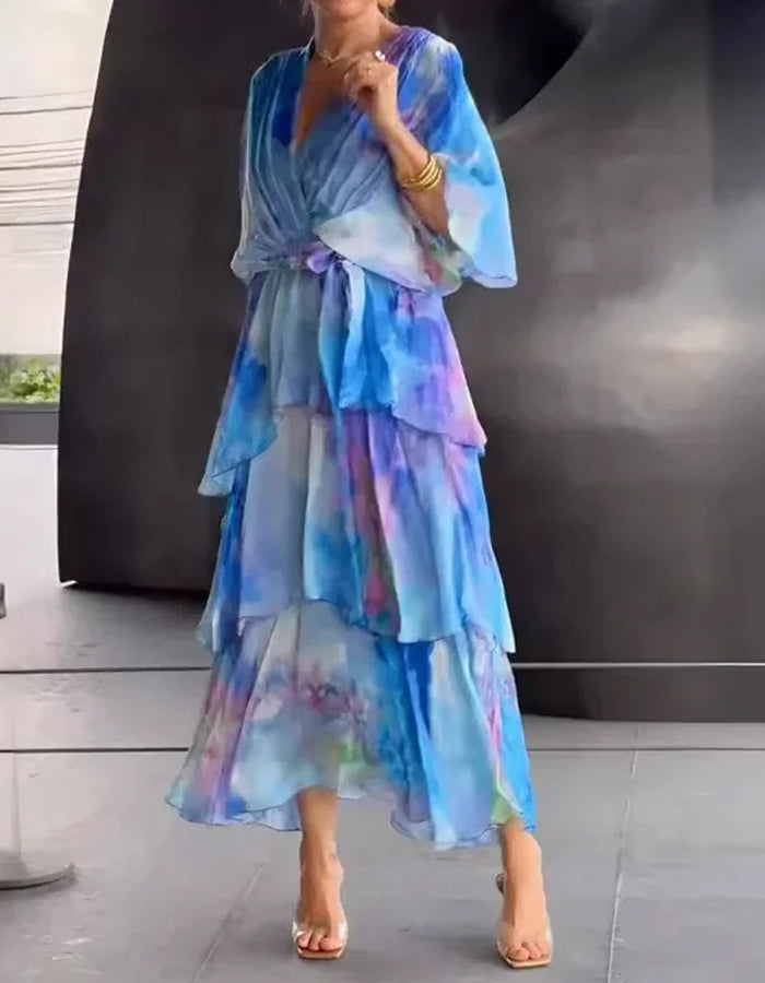 Anna-Berg | Red Chiffon V-Neck Ruffle Printed Dress