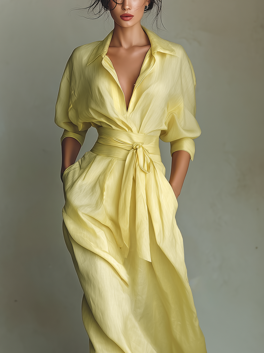 Anna-Berg | Chic Lemon Tie-Belt Maxi Shirt Dress Made to Turn Heads