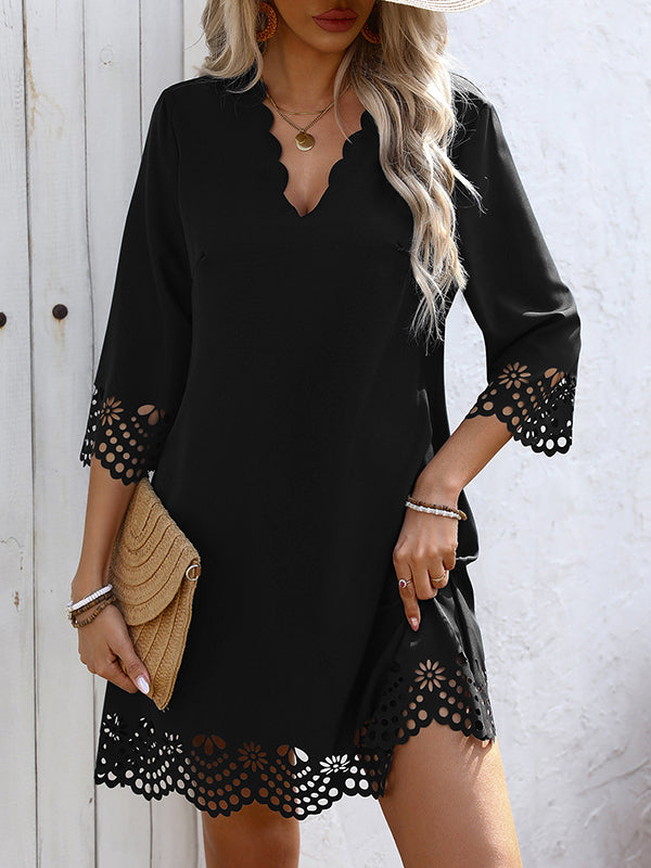 Anna-Berg | A-Line Loose Hollow Solid Color Dress