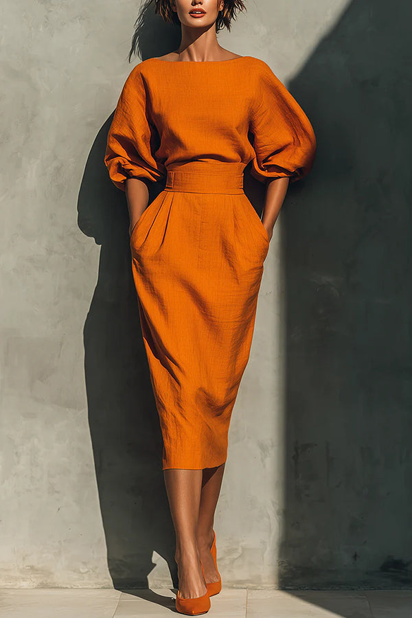 Anna-Berg | Elegant Puff Sleeve High-Waisted Pocket Dress