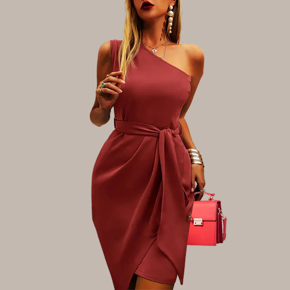 Anna-Berg | Midi Evening Dress, One Shoulder, Asymmetric Fit, Waist Detail