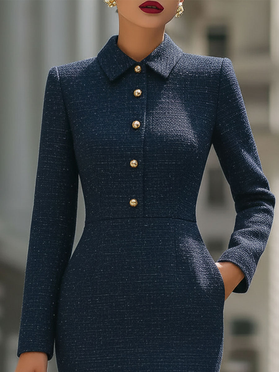 Anna-Berg | Elegant Navy Tweed Collared Sheath Dress