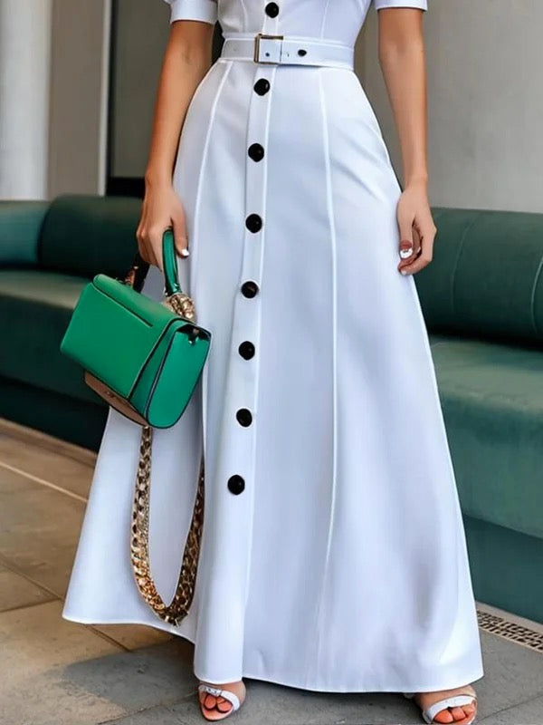 Anna-Berg | Puff Sleeves Short Belted Buttoned Dress