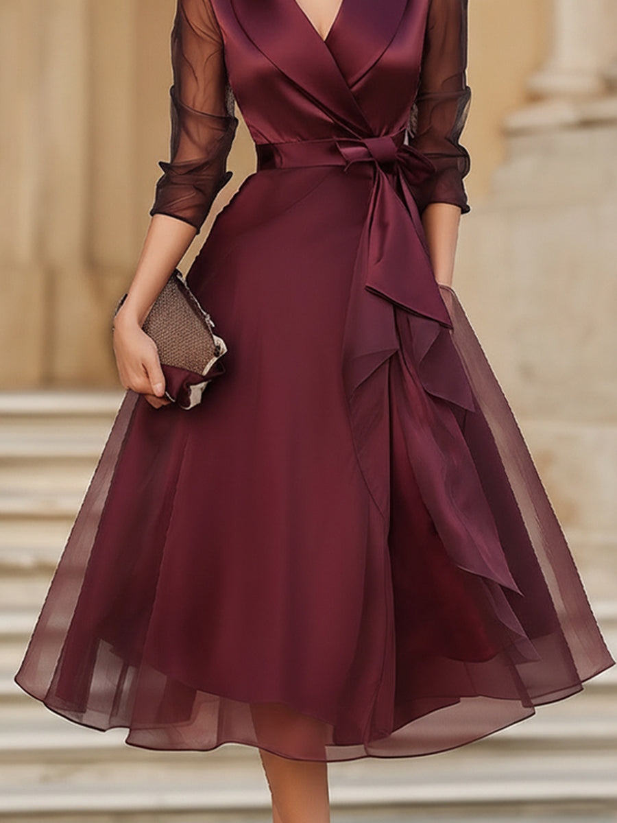Anna-Berg | Elegant Wrap Midi Dress With Sheer Sleeves