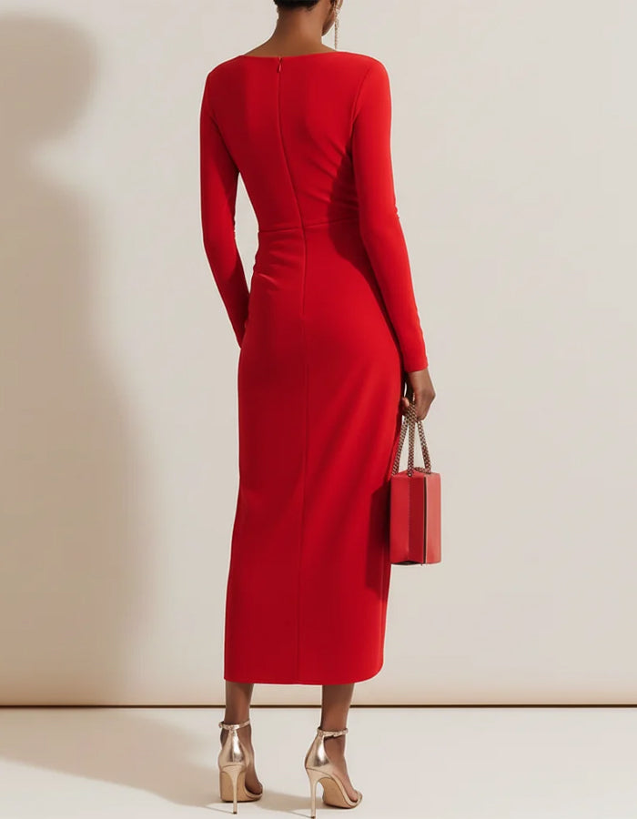 Anna-Berg | Red Bodycon Pleated Long Sleeve Dress