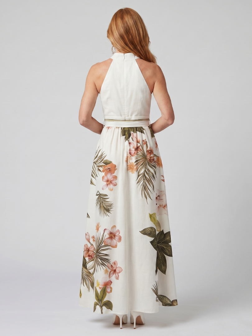 Anna-Berg | Elegant Draped Halter Botanical Panel Maxi Dress