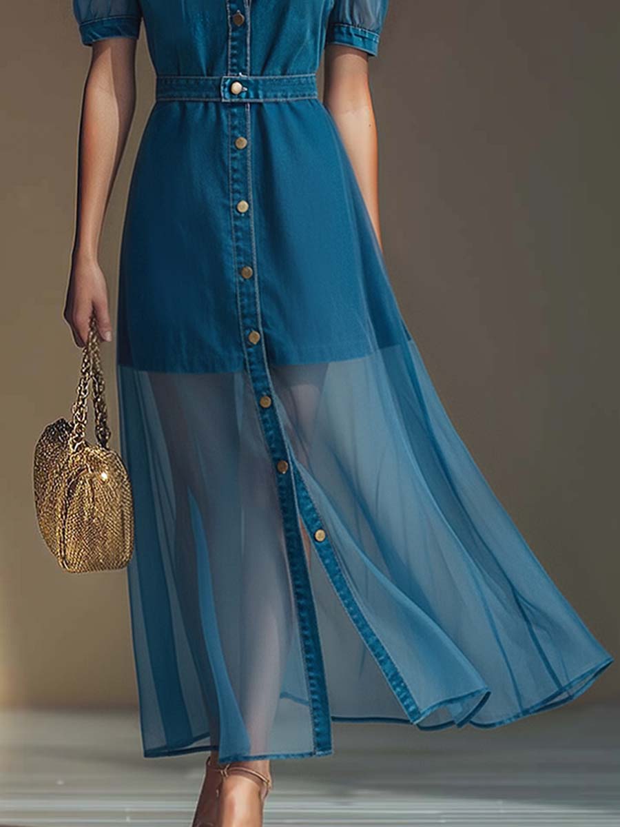 Anna-Berg | V-Neck Short-Sleeved Organza Blue Denim Dress
