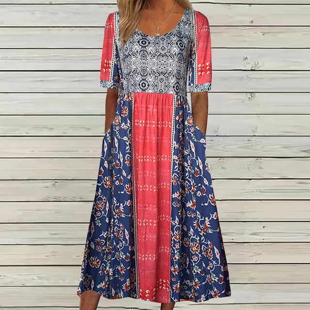Anna-Berg | Boho Printed Square Neck Short Sleeve Midi Dress