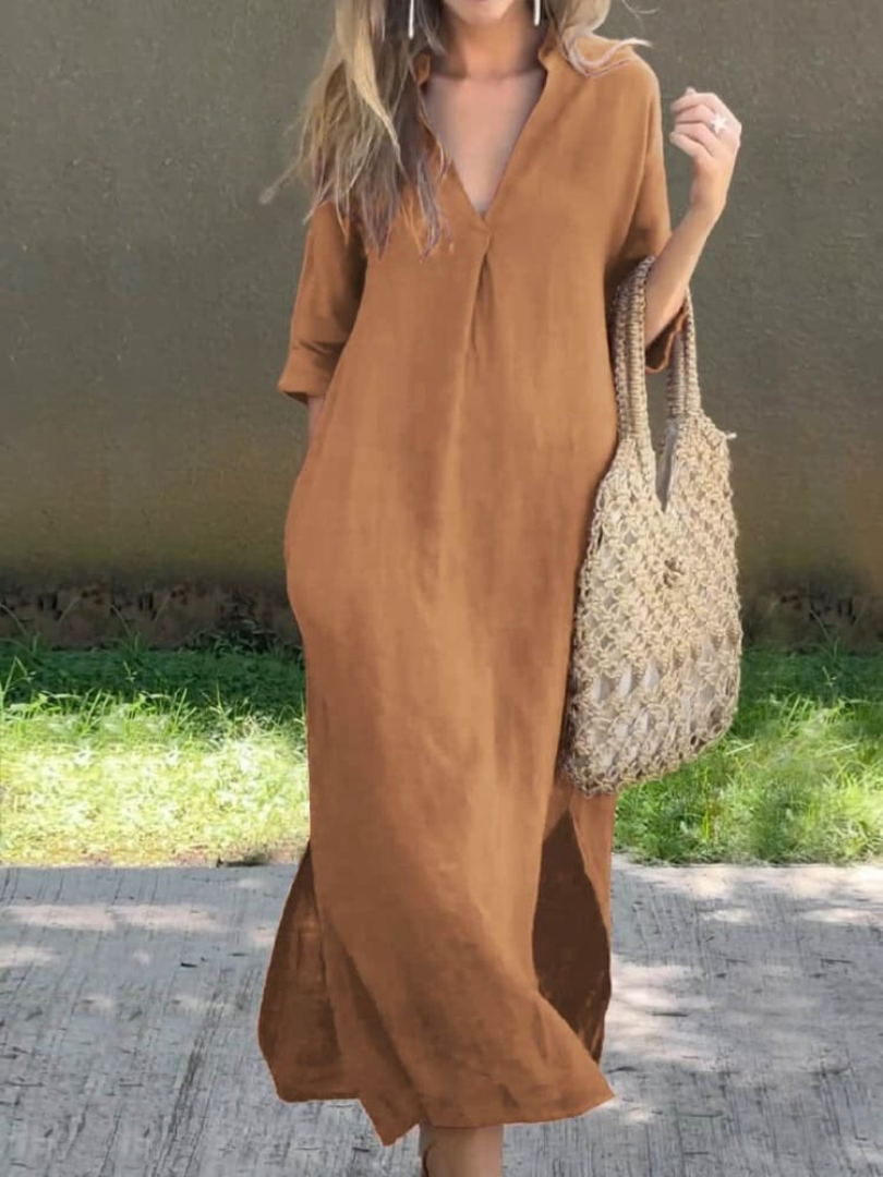 Anna-Berg | Timeless Midi Dress With V-Neck In Loose Fit