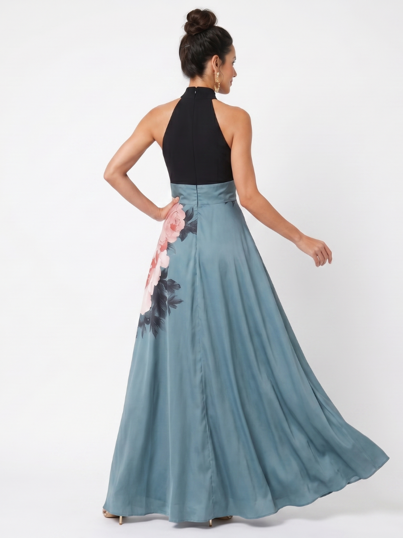 Anna-Berg | Feminine Halter Bodice Floral Skirt Maxi Dress