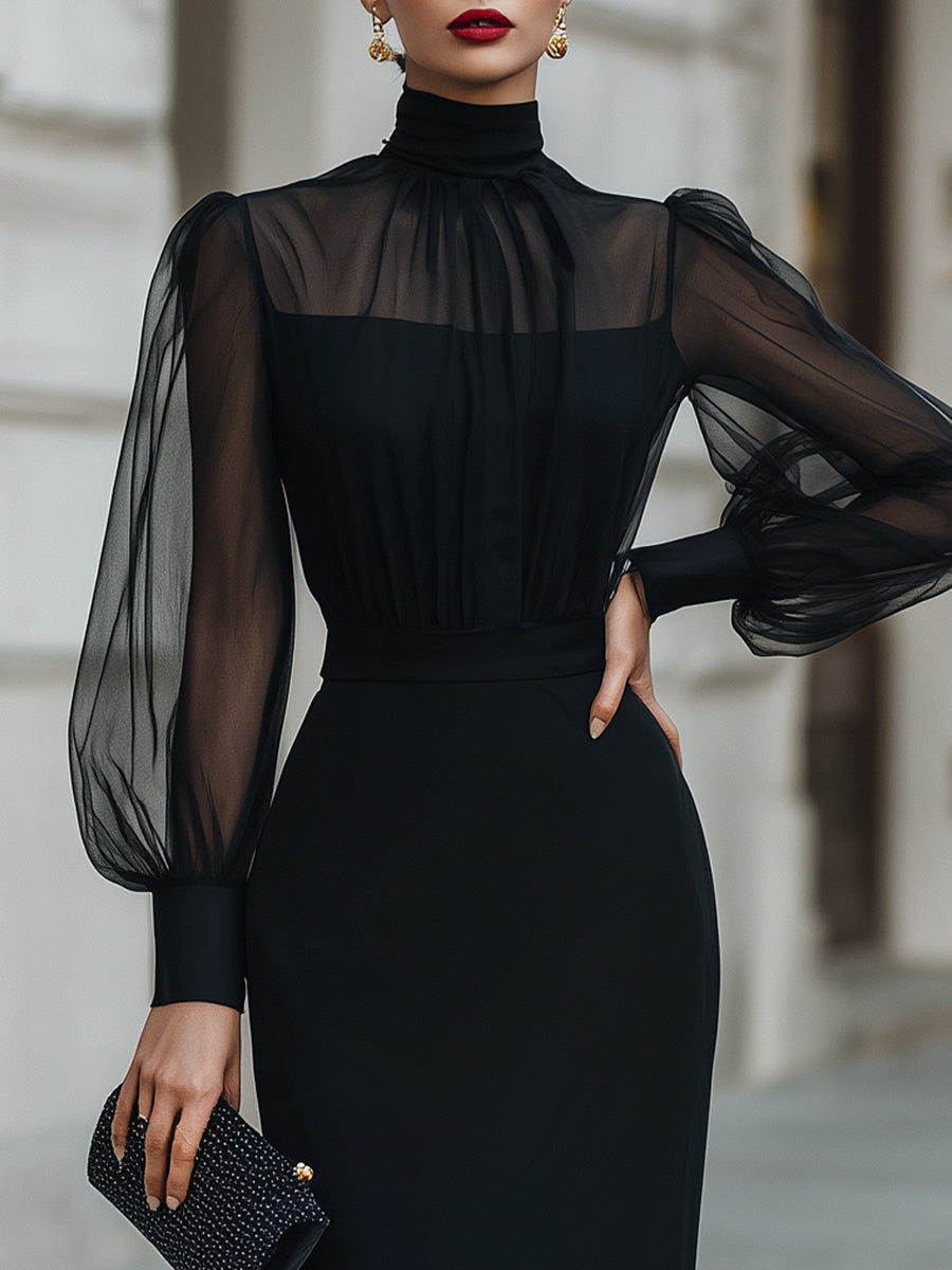 Anna-Berg | High-Neck Sheer Sleeve Tailored Midi Dress