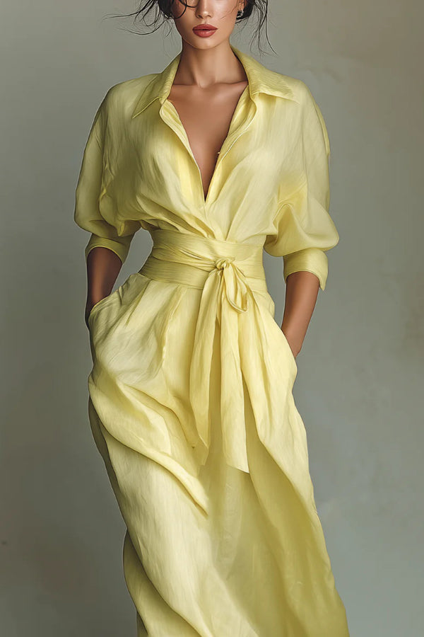Anna-Berg | Solid Color Lapel Long Sleeve Dress