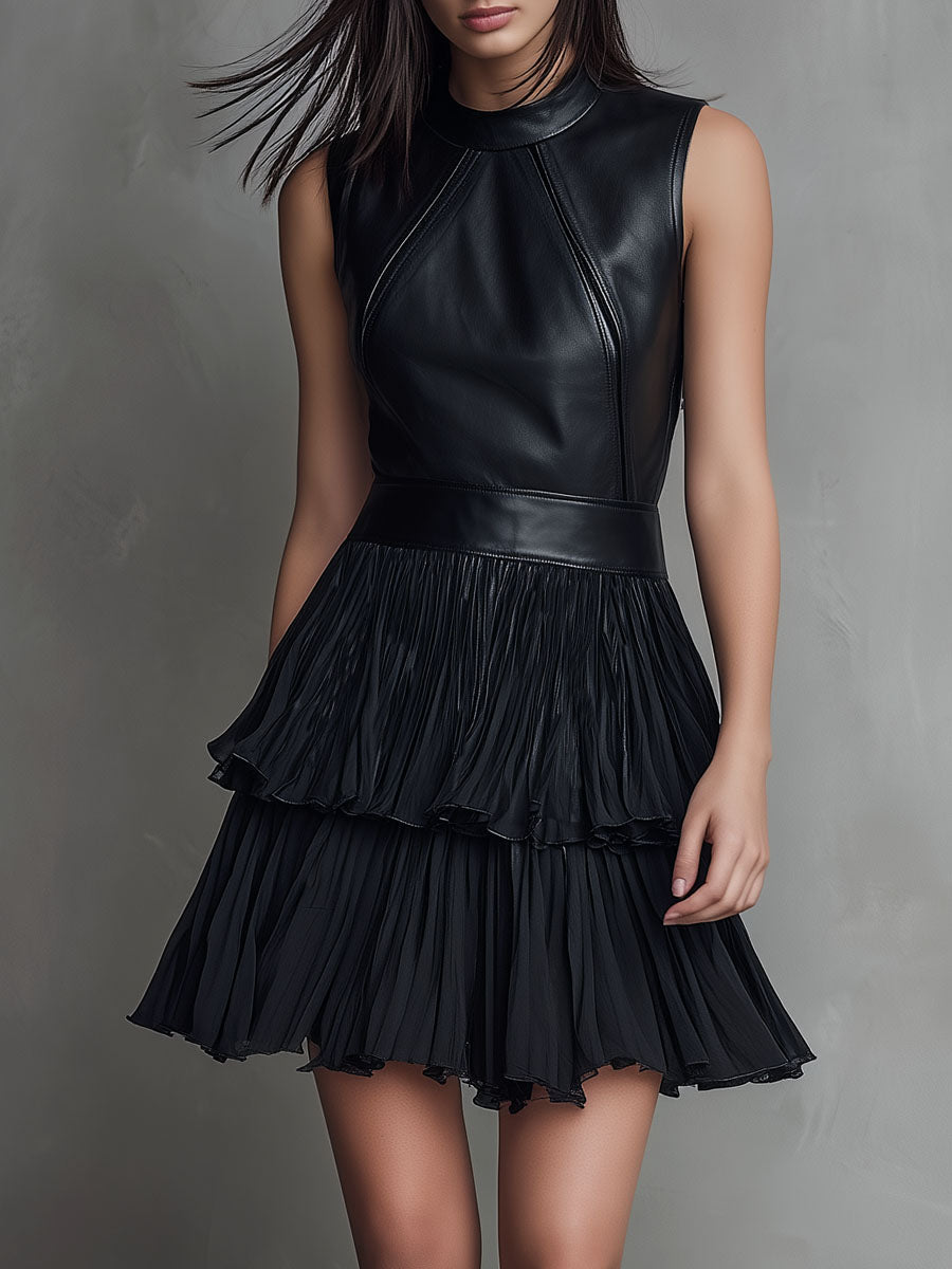 Anna-Berg | Chic Black Eco Leather Pleated Dress