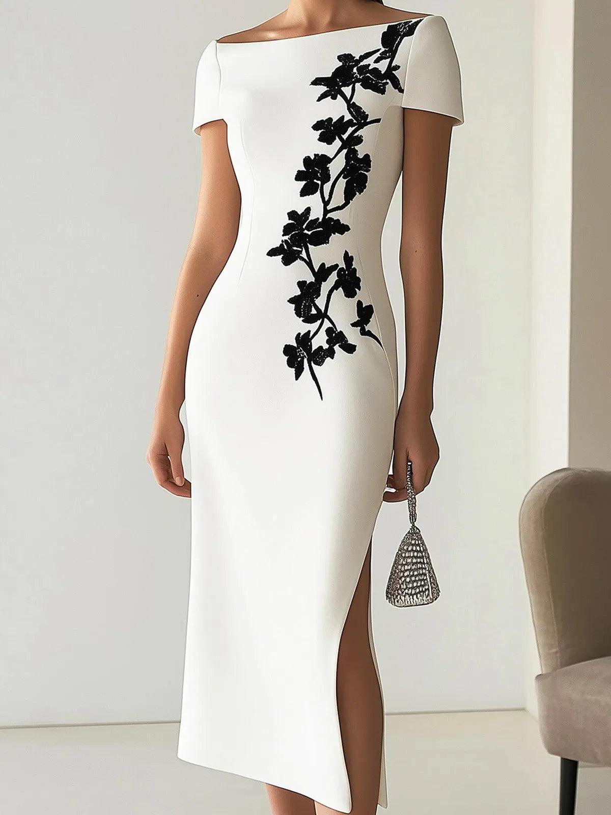 Anna-Berg | Chic Floral Print Boat Neck Midi Dress