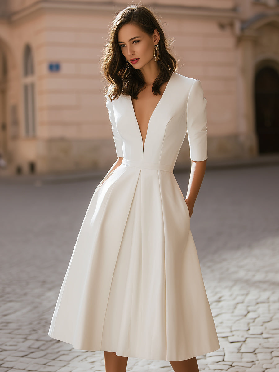 Anna-Berg | Elegant Deep V-Neck Pleated A-Line Dress