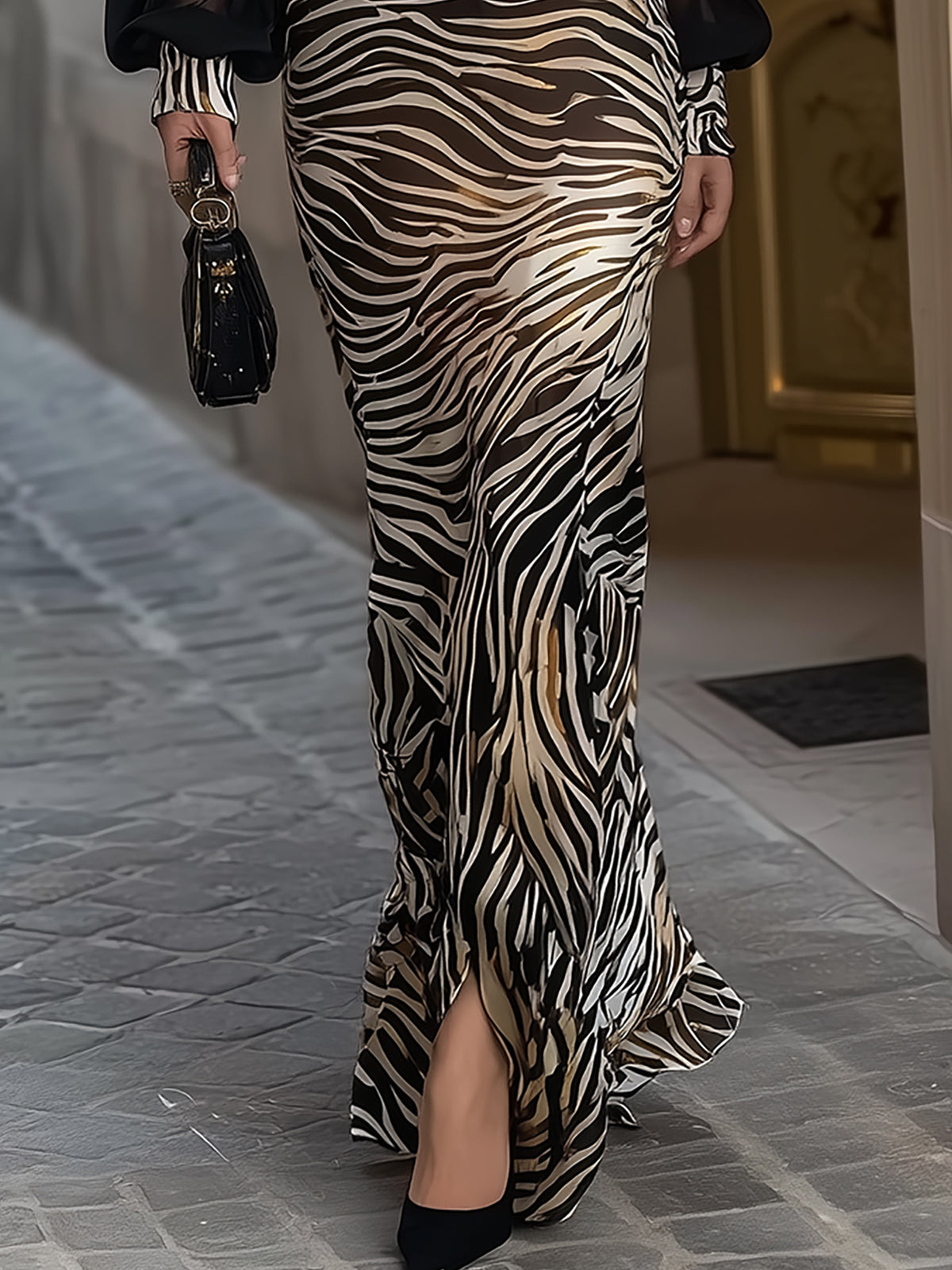 Anna-Berg | Black Sheer Sleeve Zebra Print Dress