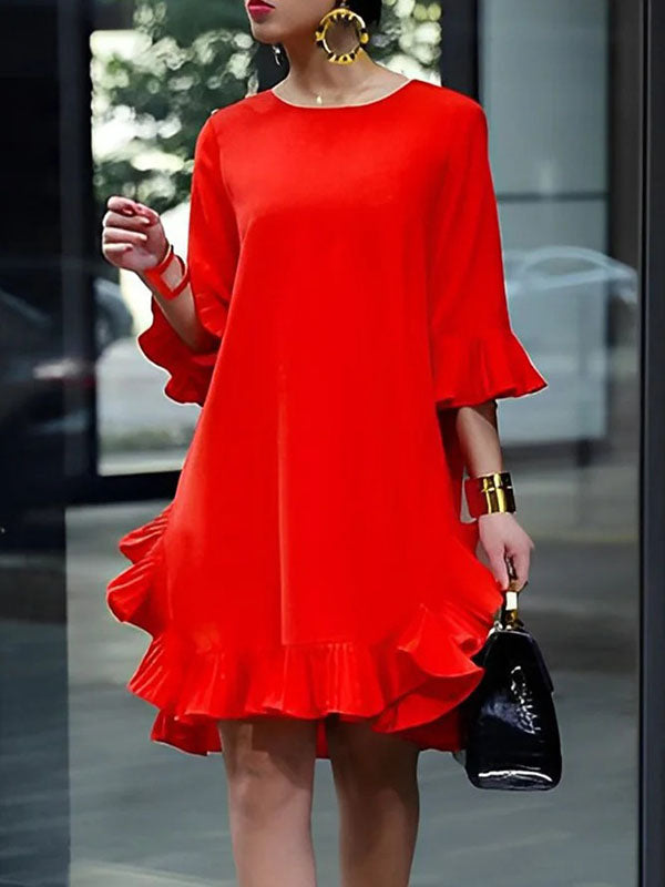 Anna-Berg | Falbala Solid Colour Round-Neck Dress
