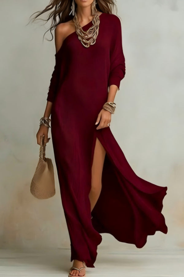 Anna-Berg | Solid Color Slant Collar Long Dress