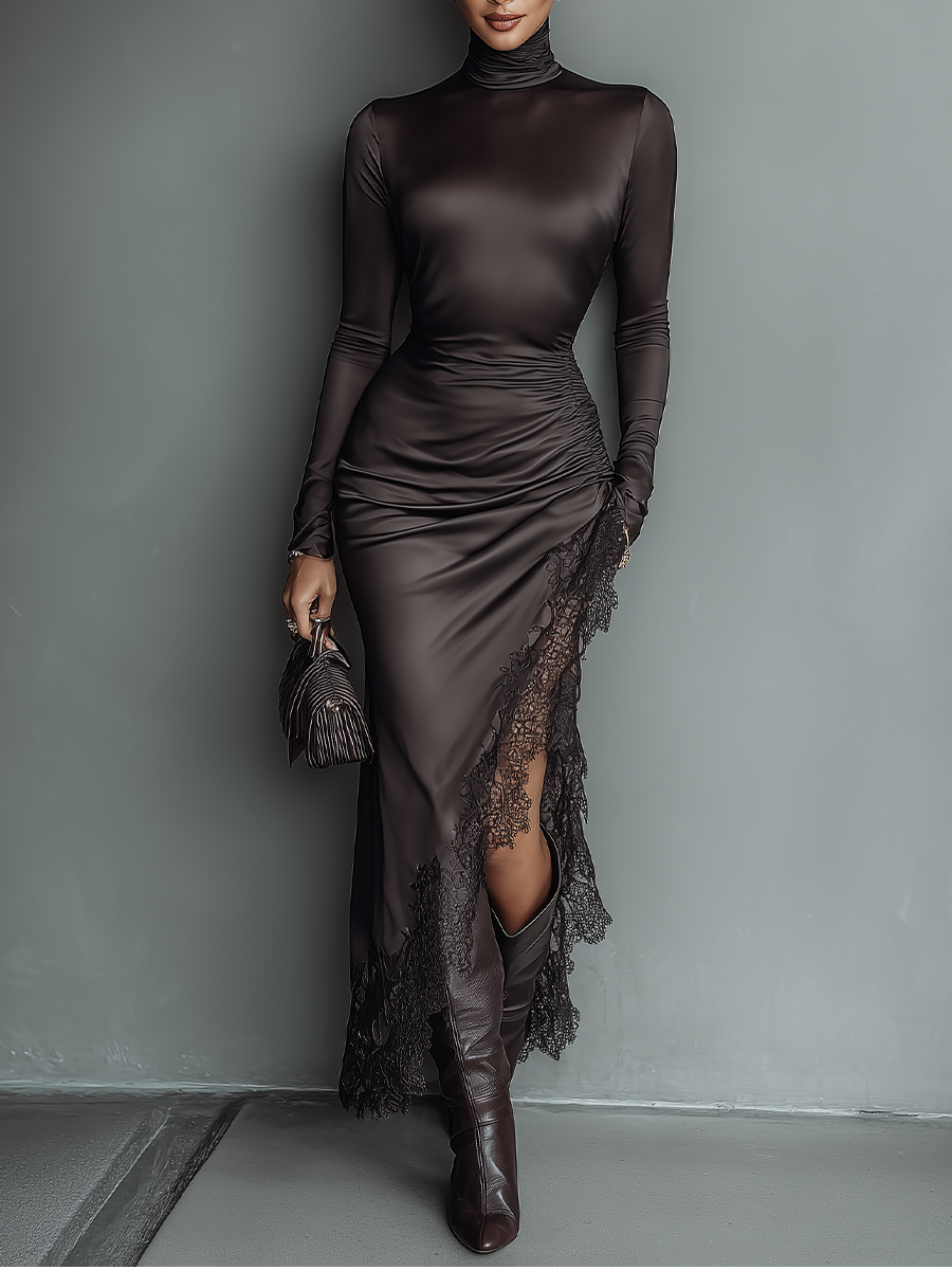 Anna-Berg | Dark Brown Satin Irregular Hem Dress