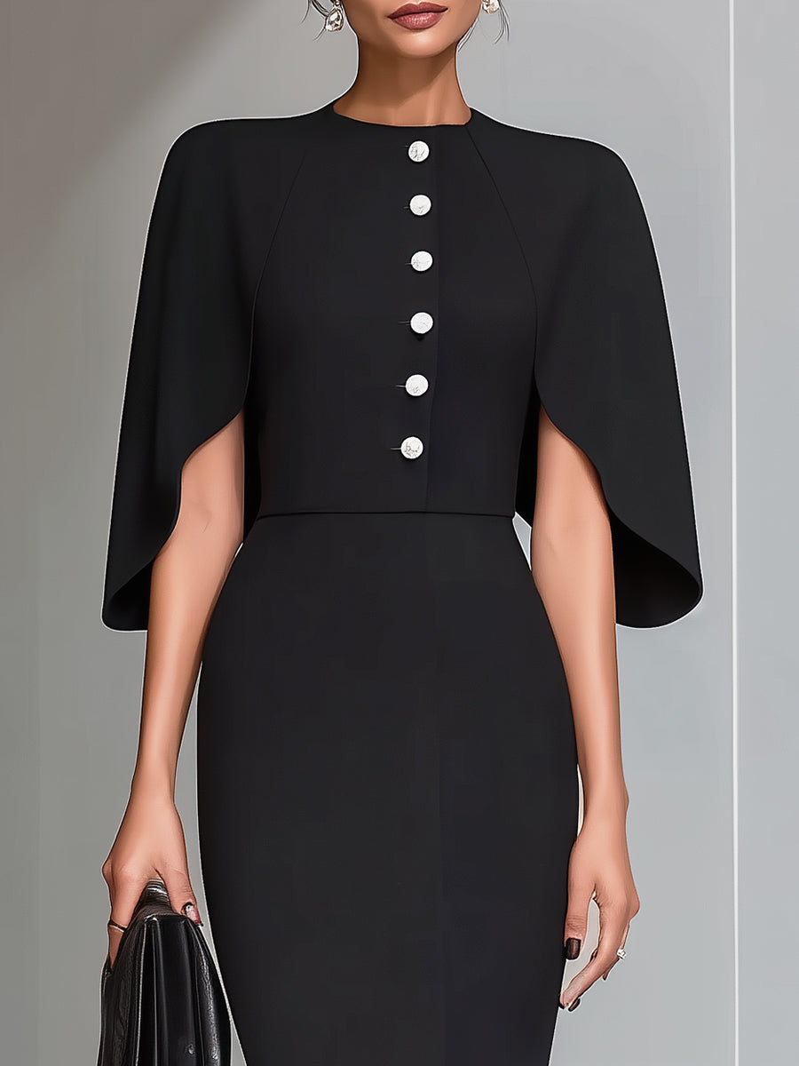 Anna-Berg | Black Cape-Sleeve Sheath Dress