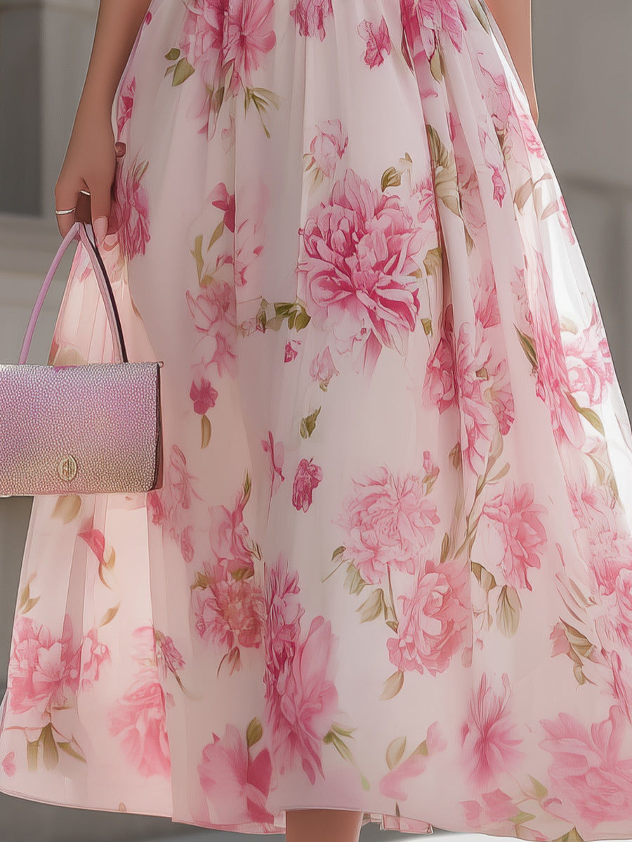 Anna-Berg | Pink Floral One-Shoulder Chiffon Dress