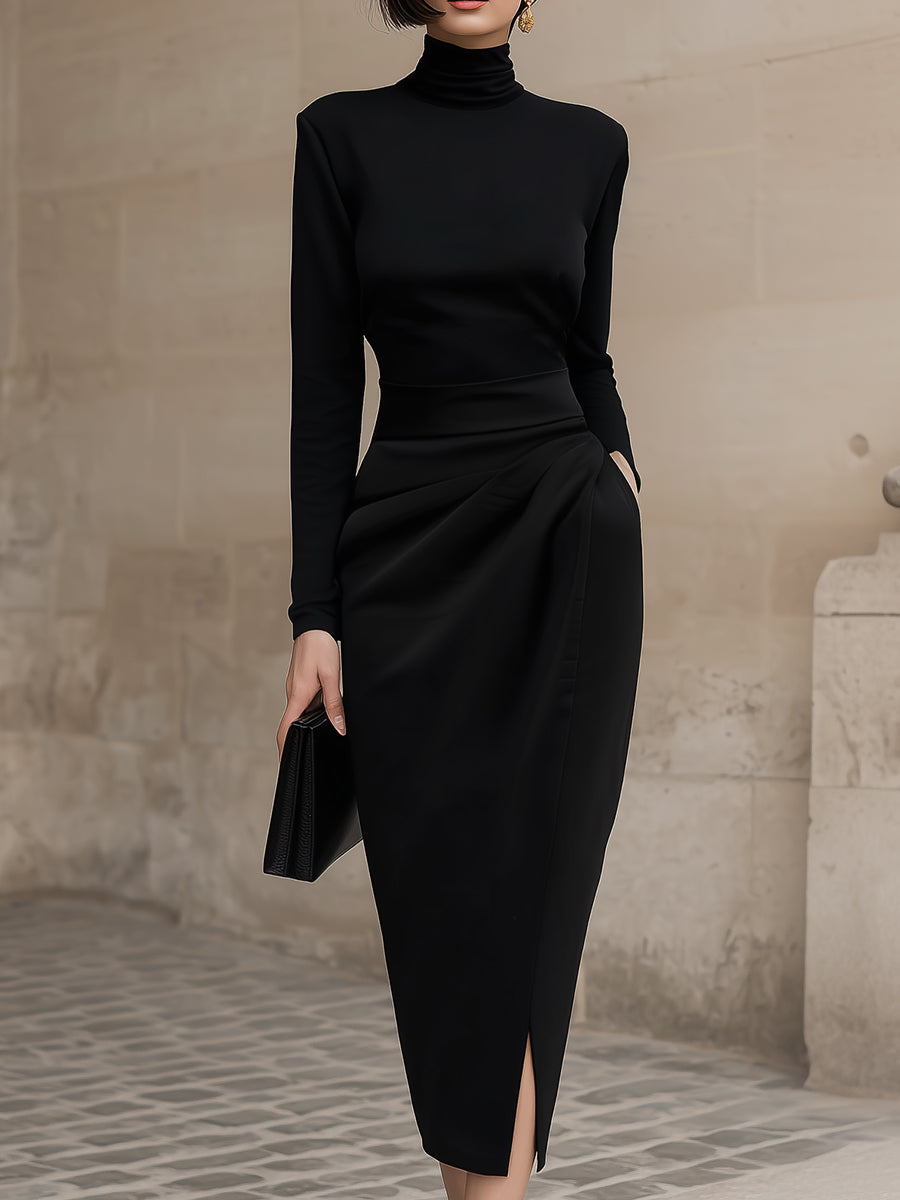 Anna-Berg | Sleek Black Turtleneck Draped Dress