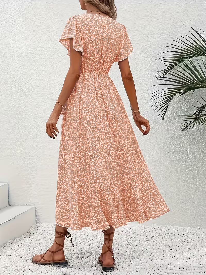 Anna-Berg | Timeless Floral Wrap Midi Dress With Ruffle Sleeves And Asymmetric Hem